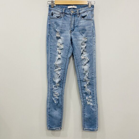KANCAN 3/25 Low Rise Light Wash Distressed Thrashed Skinny Jeans 90s Y2K Biker - Picture 1 of 16